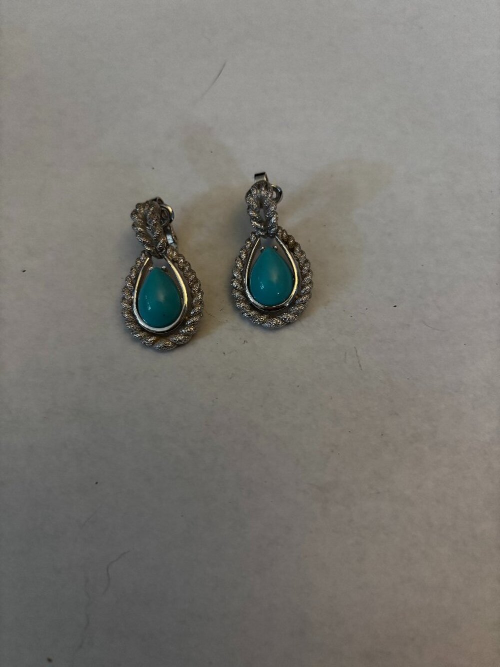 Trifari clip on earrings silver tone braid dangles glass turquoise stone